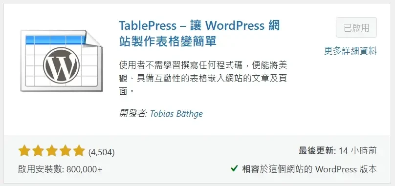 必備免費WordPress外掛推薦清單 (TablePress)